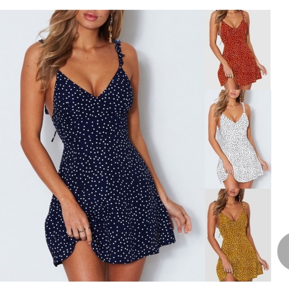 Ruffle Spaghetti Strap V-Neck Polka Dot Mini Dress